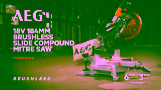 AEG Power Tools AEG 18V 184mm Brushless Slide Compound Mitre Saw PSD18B184X0 in action Ad Commercial Brand Imagery Photoshoot 2