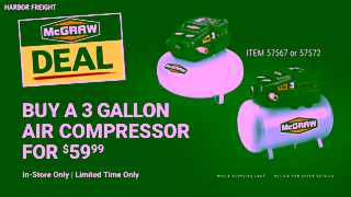 Harbor Freight McGraw Deal Buy A 3 Gallon Compressor Get An Air Inflator Or Blow Gun Free Harbor Freight Ad Commercial Brand Imagery Photoshoot 1