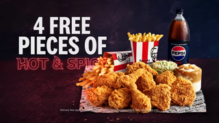 KFC KFCs 4 FREE pieces of Hot Spicy on delivery orders over 30 Ad Commercial Brand Imagery Photoshoot 0